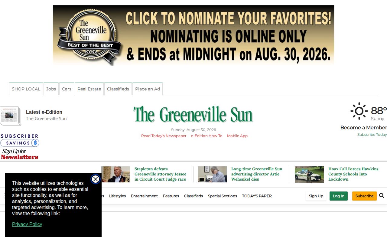 Greeneville Sun local news page for Greene County crime reporting