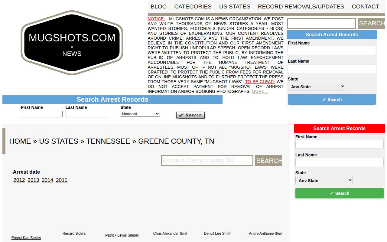 Historical Mugshots.com Greene County section requiring official verification