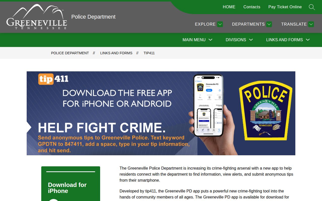 Greeneville Police tip411 page for official safety tips