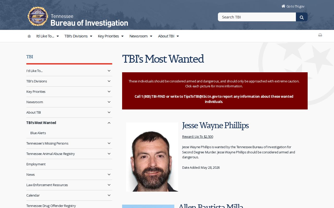 TBI Top 10 Most Wanted page distinct from Greene County records