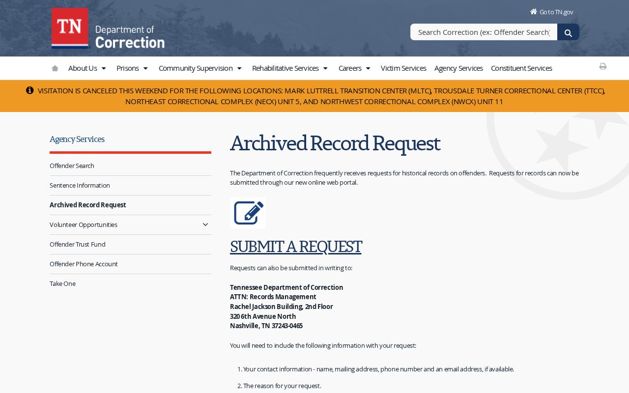 TDOC archived-record request route after Greene County state custody transfer